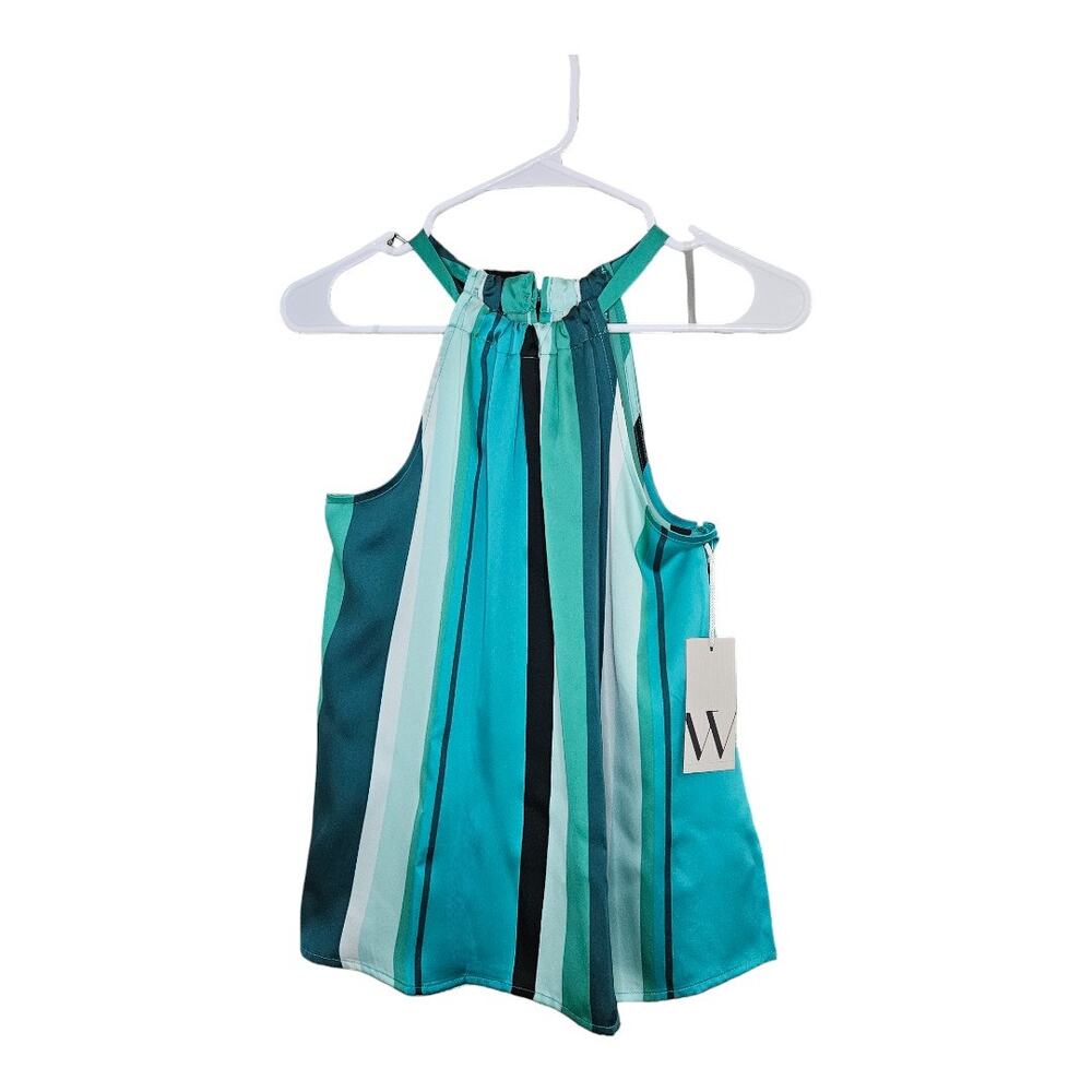 NEW Worthington Satin Striped Halter Neck Blouse Green Turquoise Black XS